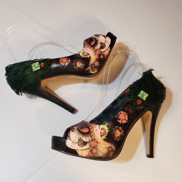 Iron Fist Shoes - Iron Fist Peacock Feather Skull Platform Heels 40